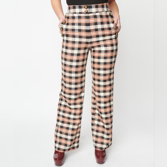 Unique Vintage Black and Tan Plaid Sailor Pants - Picture 4 of 5